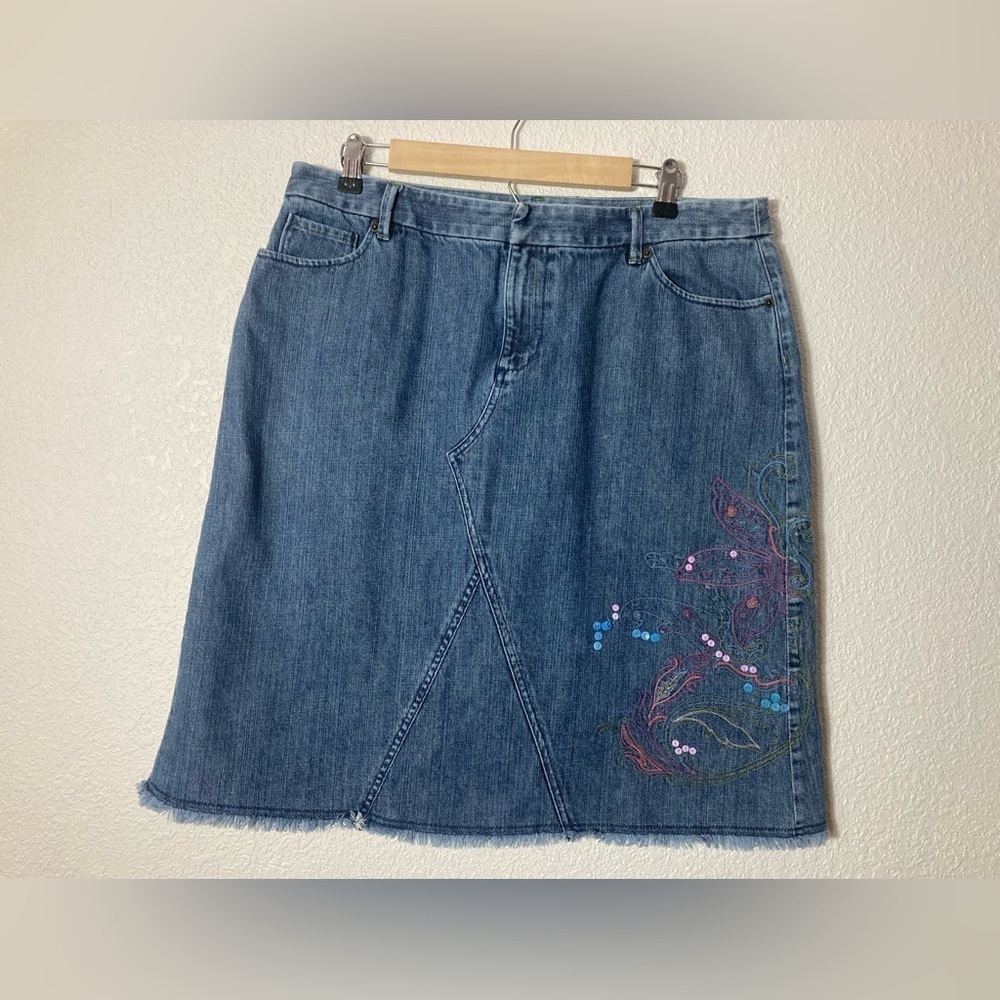 Kate Hill casual denim midi skirt sequin embroidered size 16